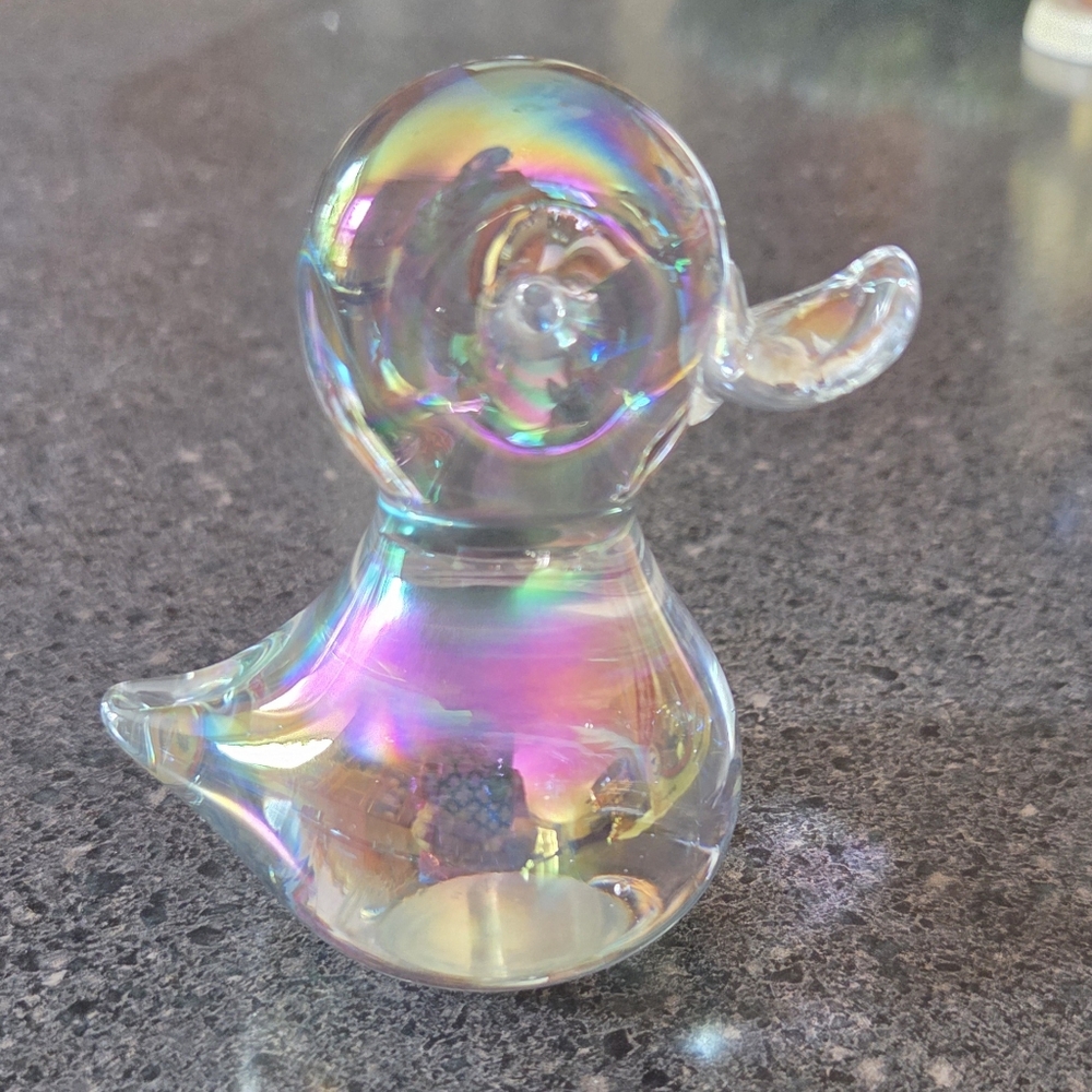 Iridescent Blown Glass Clear Duck Duckling Paperweight